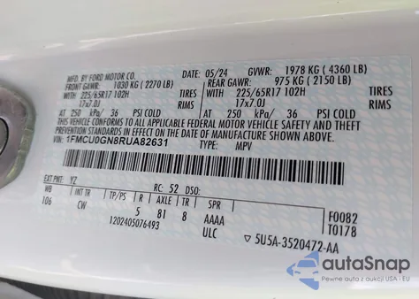 2024 Ford Escape Active из США, поврежденный, VIN 1FMCU0GN8RUA82631